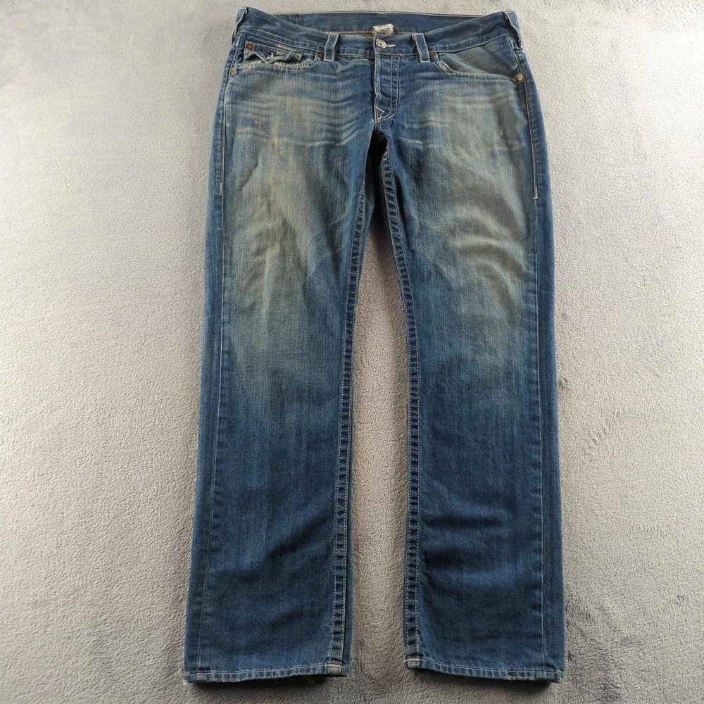 True Religion Jeans Mens 38x34 Blue Straight World Tour Embroidered Y2K Grunge
